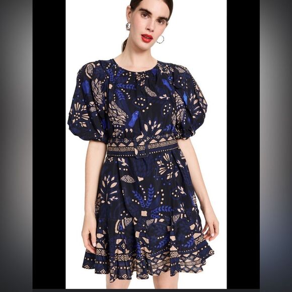 Farm Rio Macaw Forest Cotton Blend Puff Sleeve Round Neck Belted Mini Dress - Picture 10 of 11